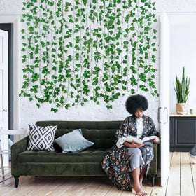 Freyalife ivy vines indoor living room backdrop enhances ambiance.