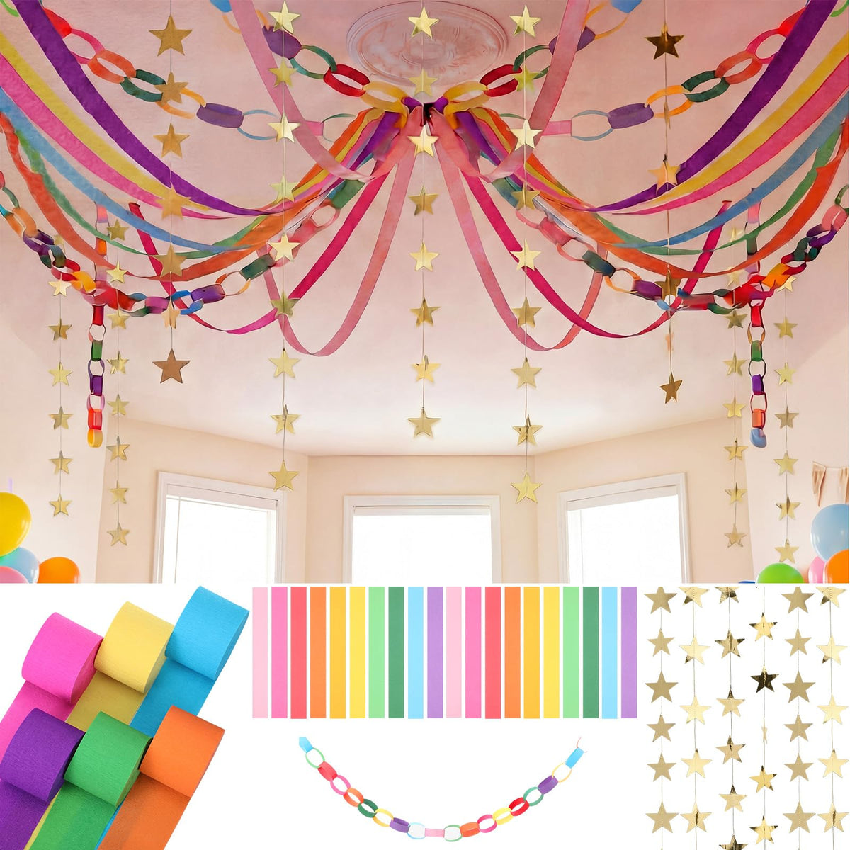 Frienda crepe streamers, 82ft multicolor, perfect for flowing ceiling drapes.