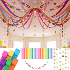 Frienda crepe streamers, 82ft multicolor, perfect for flowing ceiling drapes.