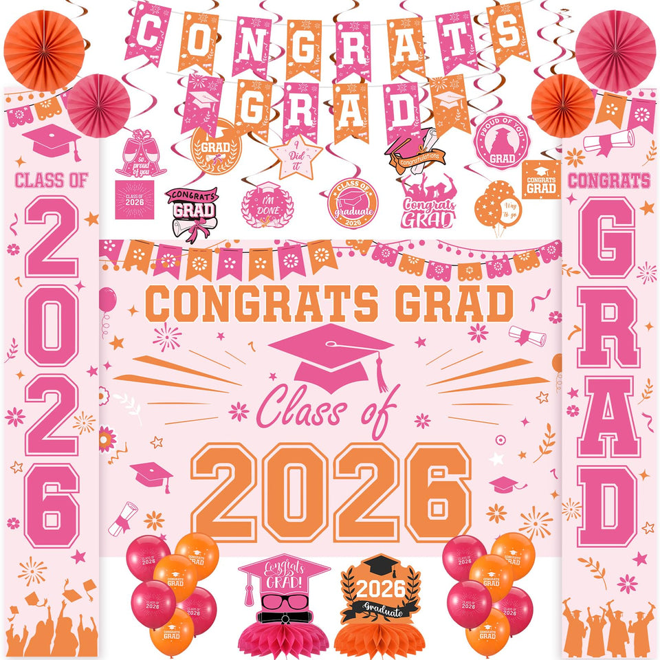 Frienda graduation banner in pink and orange for bright photo backdrops