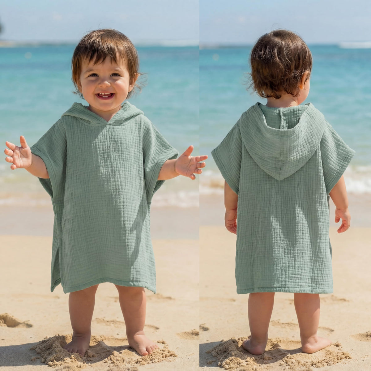 Frienda muslin hooded towel green hood for post-bath warmth