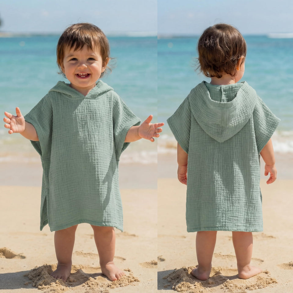 Frienda muslin hooded towel green hood for post-bath warmth