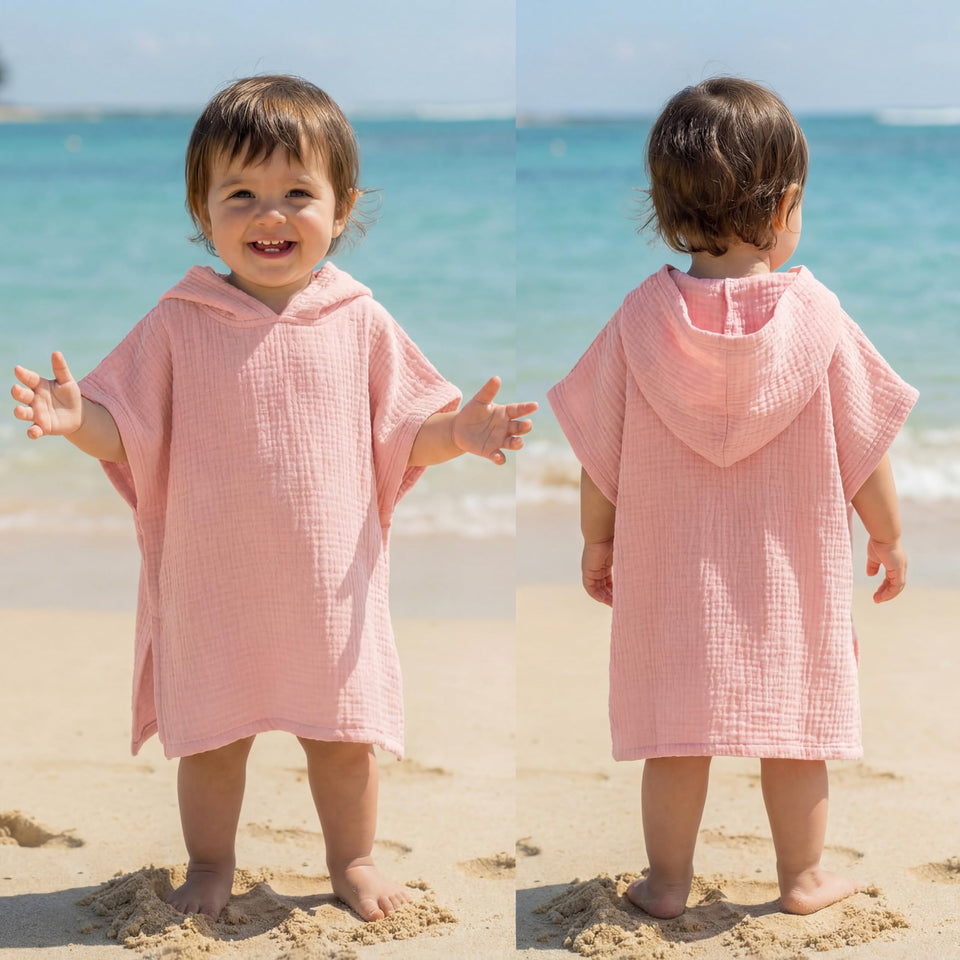 Frienda muslin hooded towel pink on baby after bath for quick moisture absorption