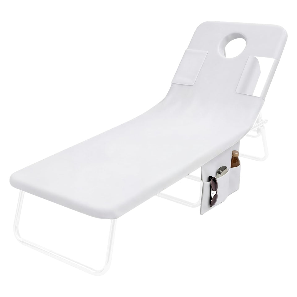 Frienda tanning chair cover with face hole for relaxed, neck-friendly sunbathing.