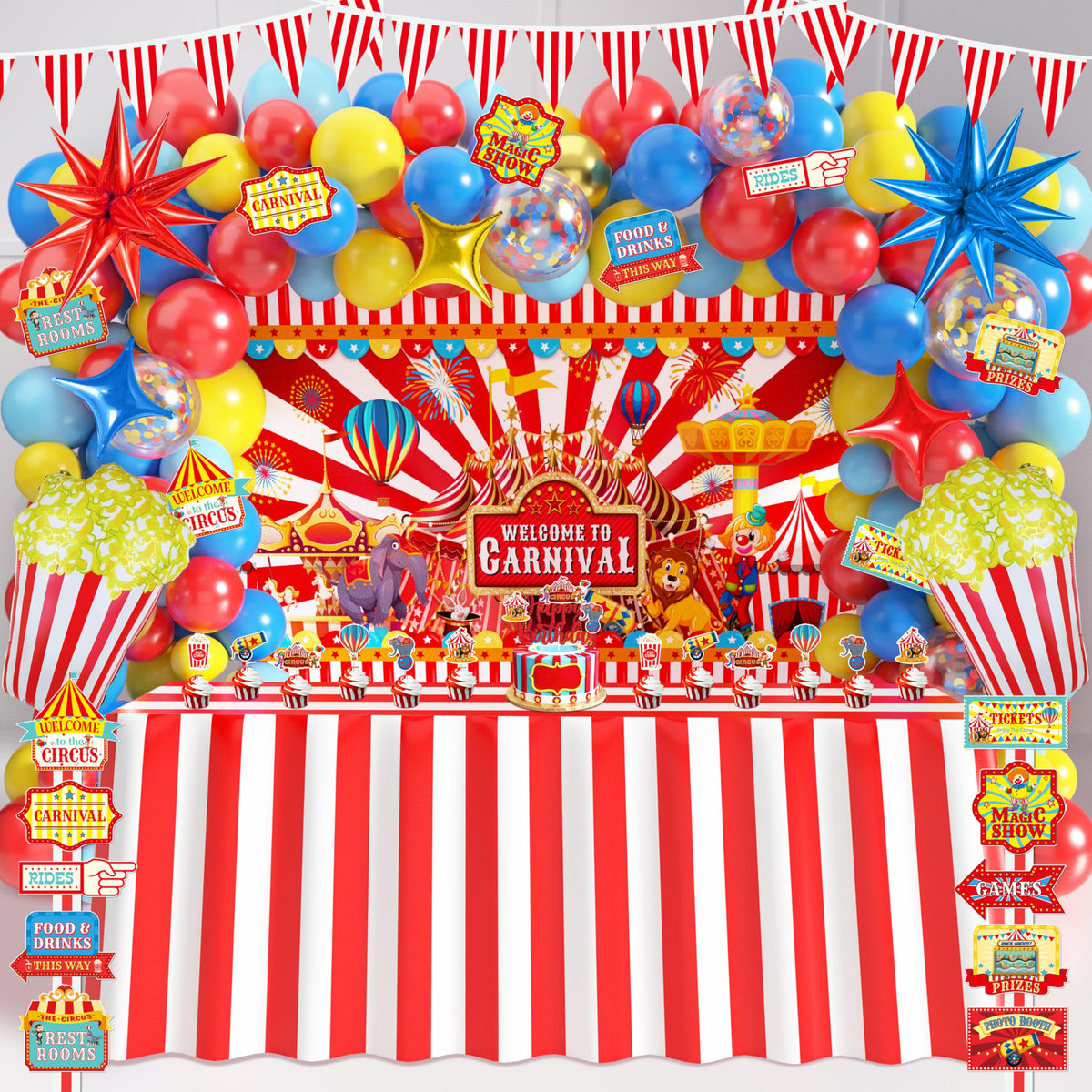 FRIENDISU carnival backdrop enhances party photos with a festive circus scene.