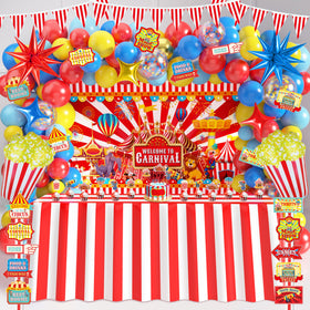 FRIENDISU carnival backdrop enhances party photos with a festive circus scene.