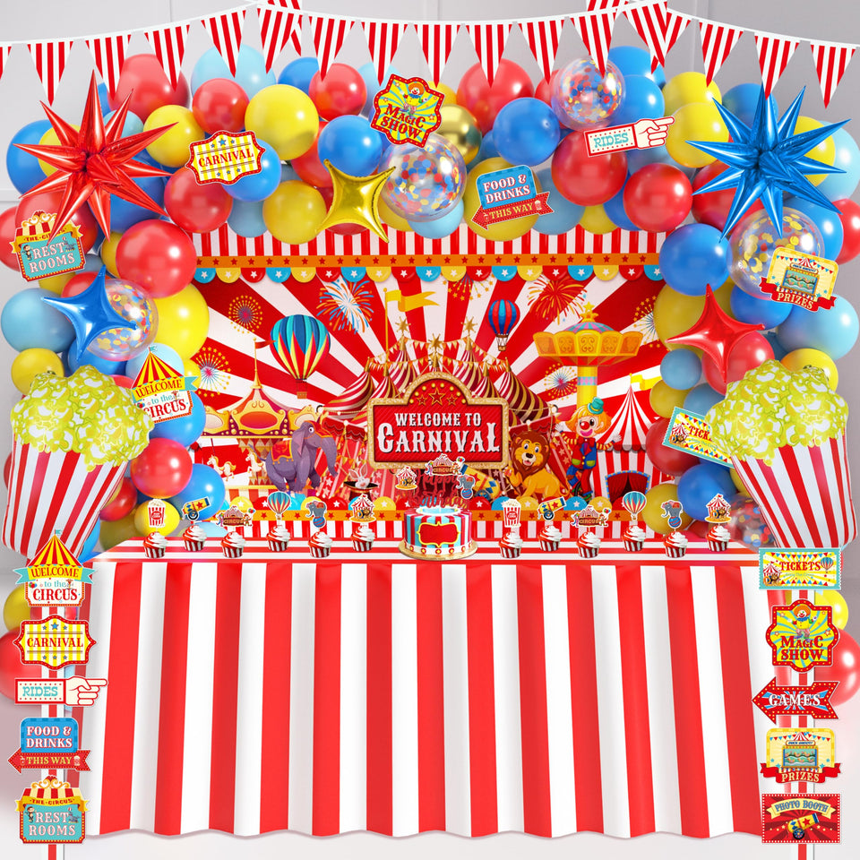 FRIENDISU carnival backdrop enhances party photos with a festive circus scene.