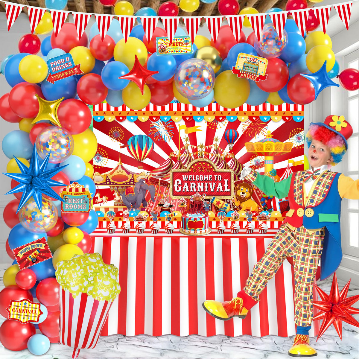 FRIENDISU assorted party balloons in red, blue, and yellow elevate the mood.