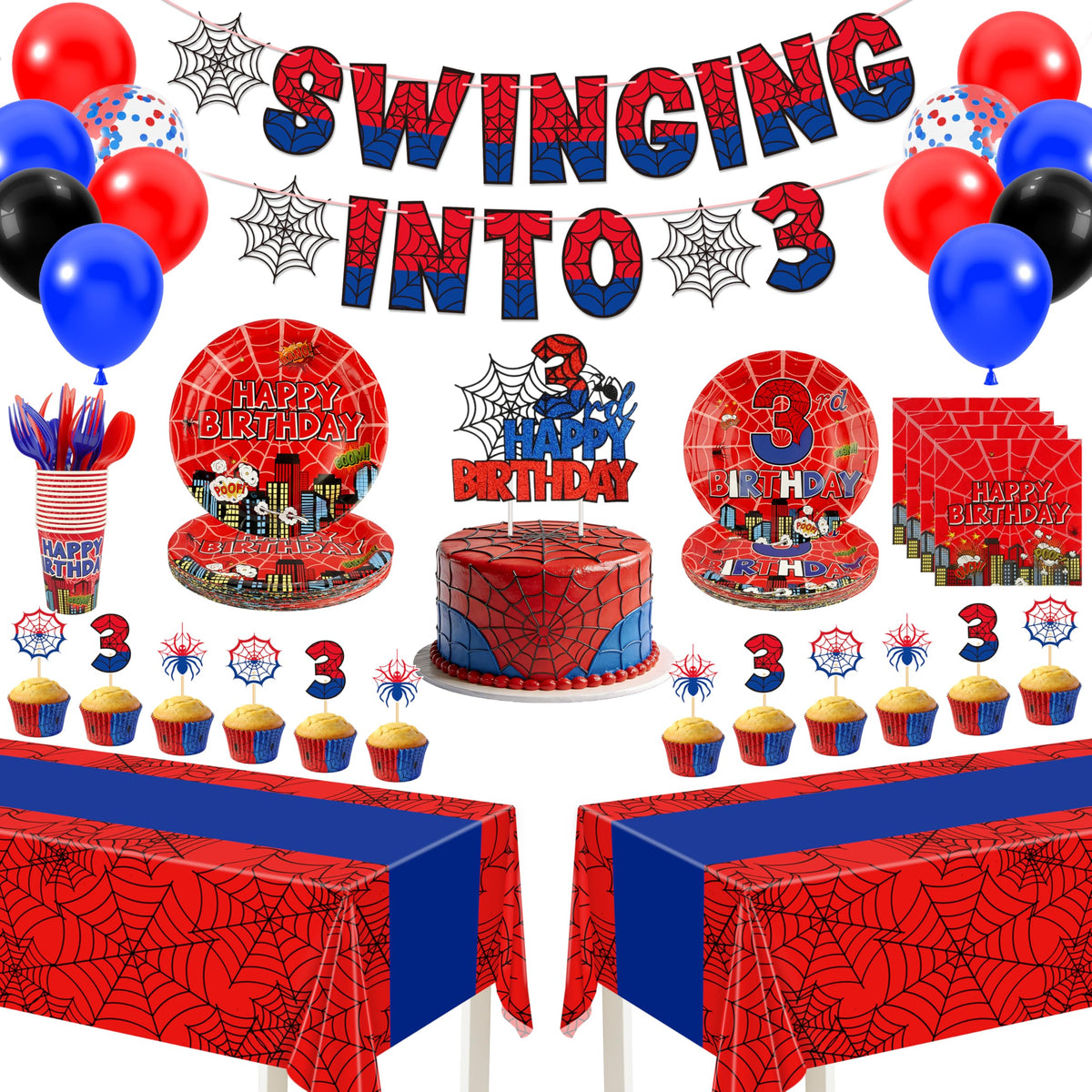 FRIENDISU Spider 3rd Birthday banner swinging into 3 for milestone photo backdrop.