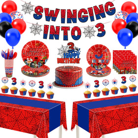 FRIENDISU Spider 3rd Birthday banner swinging into 3 for milestone photo backdrop.