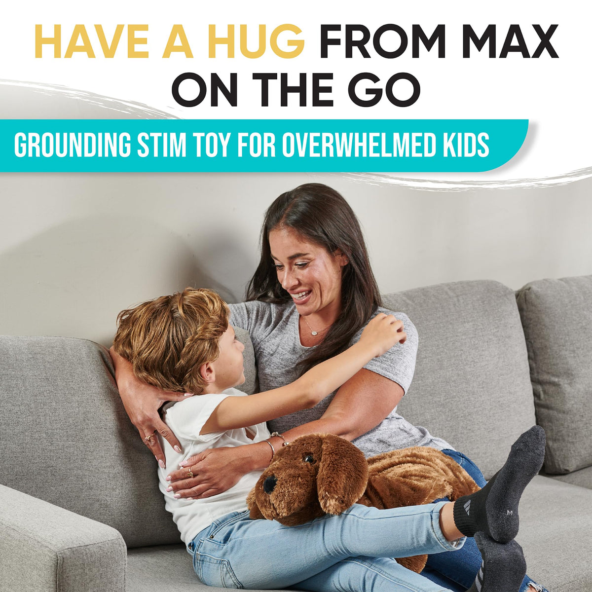 Friendly Cuddle plush dog toy with weighted beads as a comforting sensory companion.