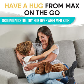 Friendly Cuddle plush dog toy with weighted beads as a comforting sensory companion.