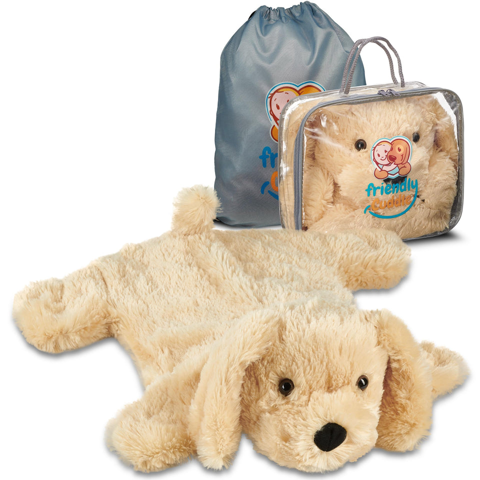 Friendly Cuddle weighted lap blanket with dog toy design offers comforting play.