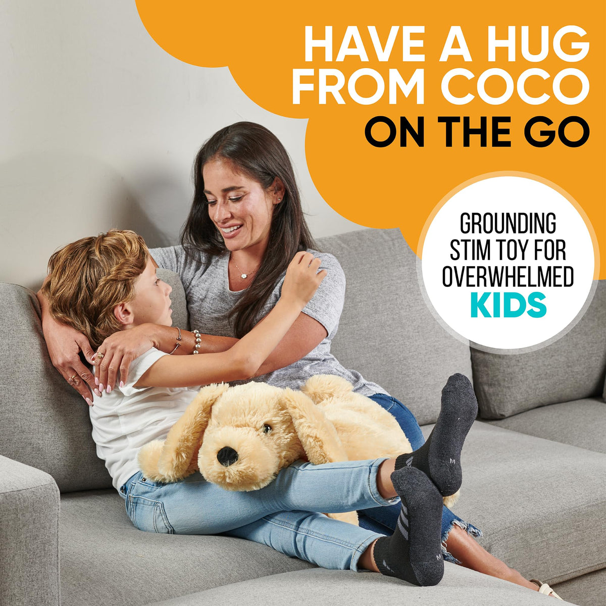 Friendly Cuddle plush pal travels with you in included bags for on-the-go calm.