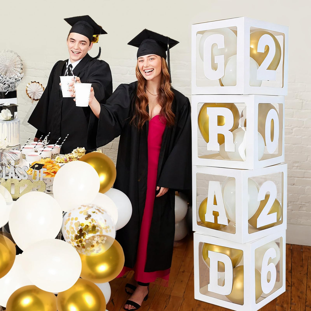 Frigg white balloon boxes with letters form a crisp Class of 2026 display