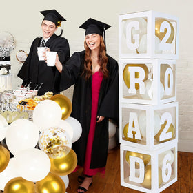 Frigg white balloon boxes with letters form a crisp Class of 2026 display