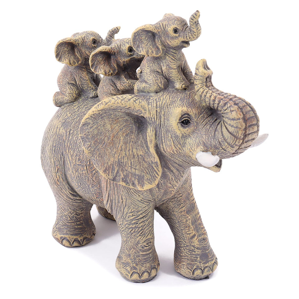 FriyGardcn cute elephant statue with three calves on back for shelf decor and luck