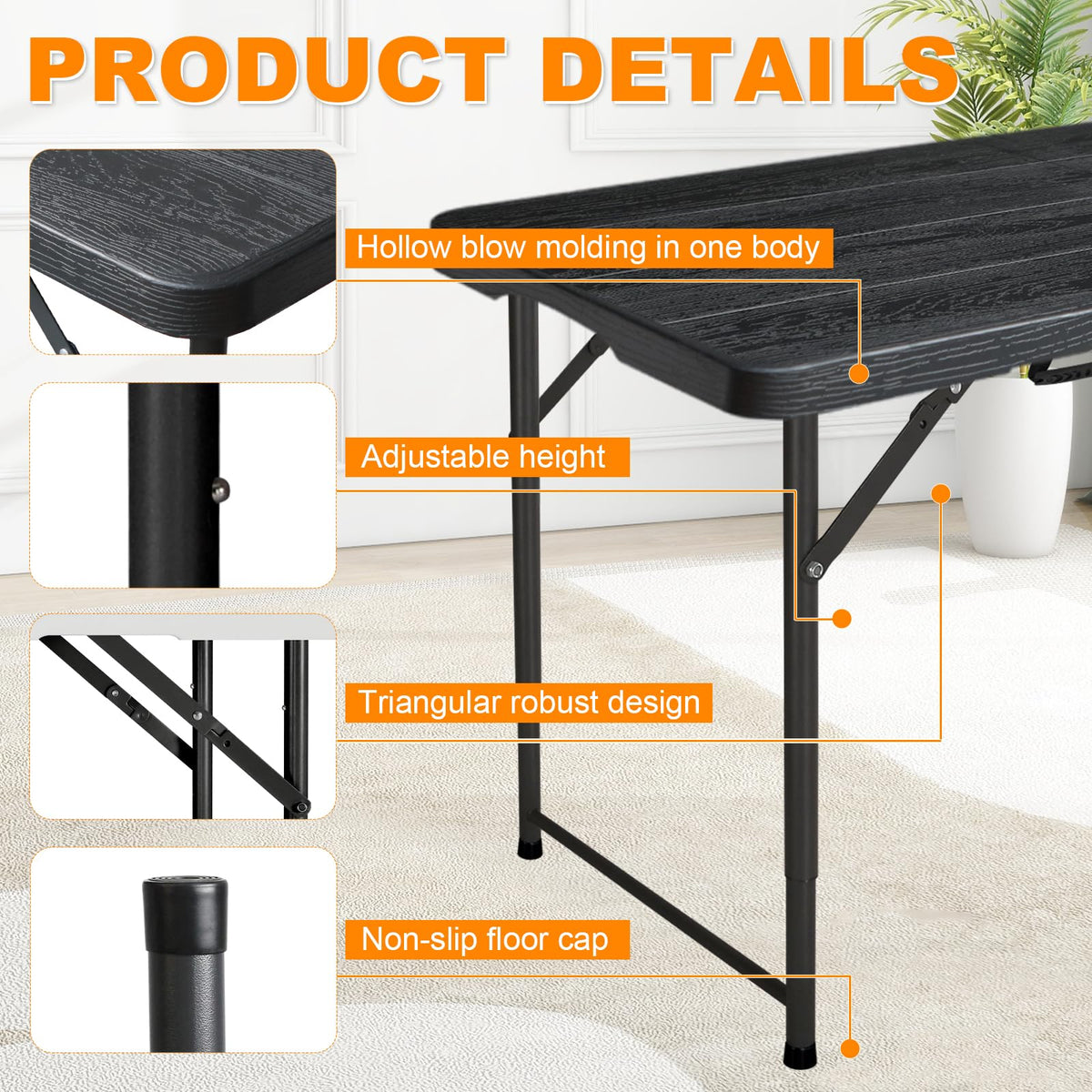 FROASISPRO 4ft folding table stable legs with lock ring prevent wobble.