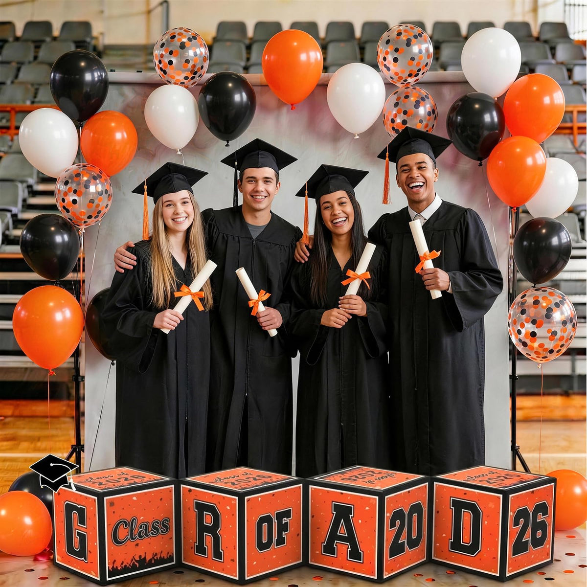 Froova black & orange confetti balloons add playful sparkle.