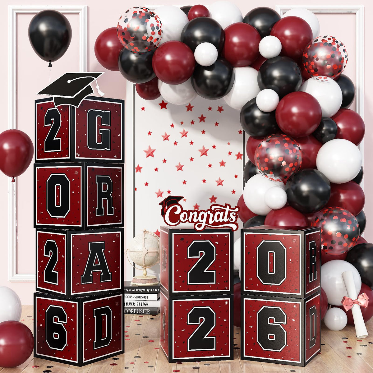 Froova burgundy grad boxes create an elegant graduation display