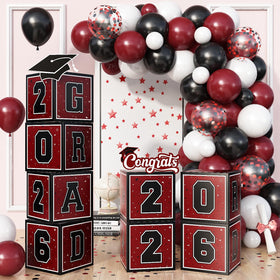 Froova burgundy grad boxes create an elegant graduation display