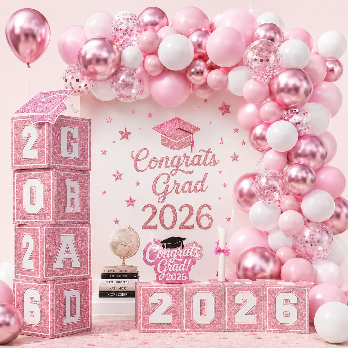Froova pink graduation boxes arranged for a chic class photo backdrop
