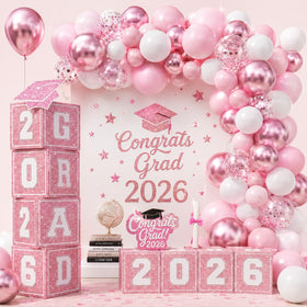 Froova pink graduation boxes arranged for a chic class photo backdrop