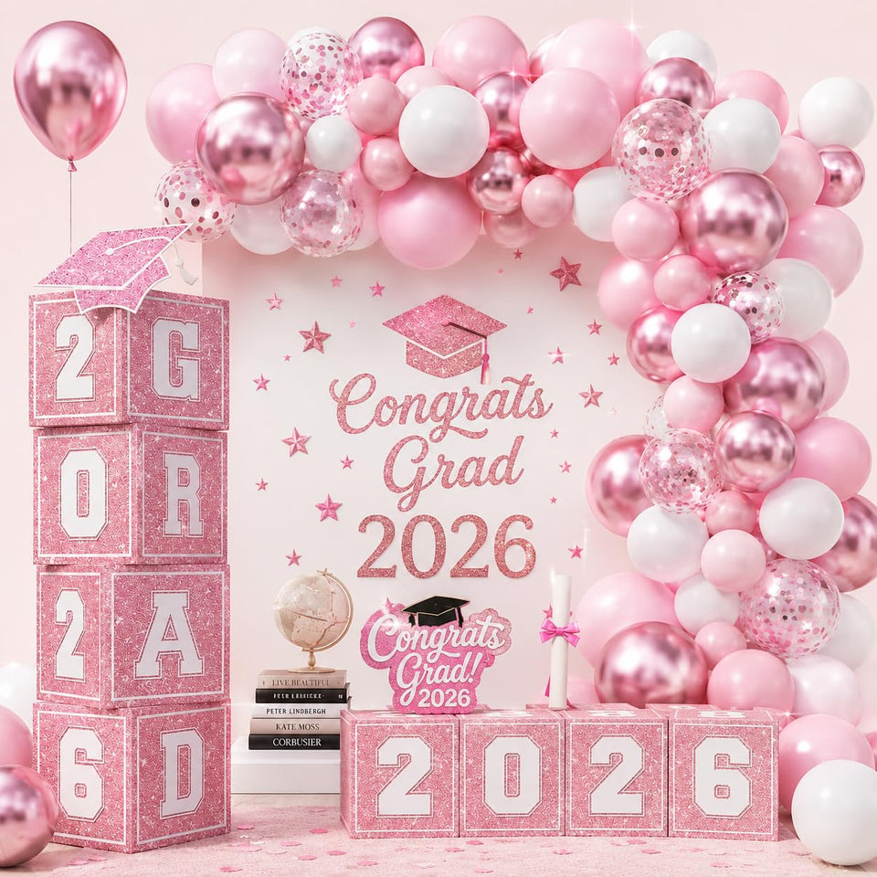 Froova pink graduation boxes arranged for a chic class photo backdrop