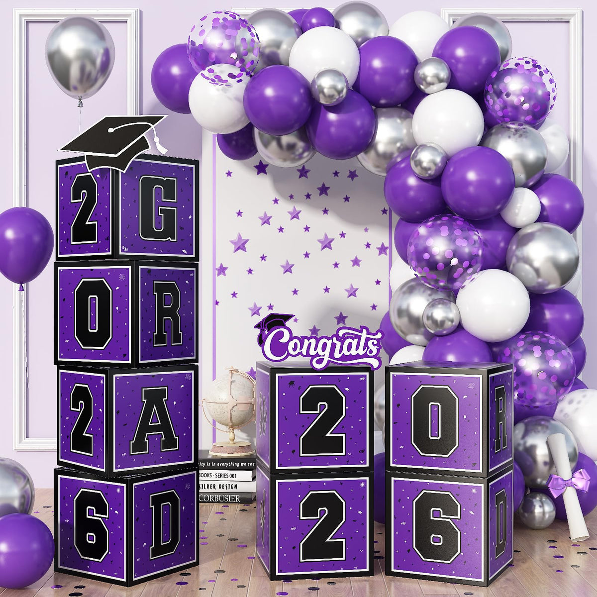 Froova purple graduation boxes setup for a coordinated Class of 2026 display