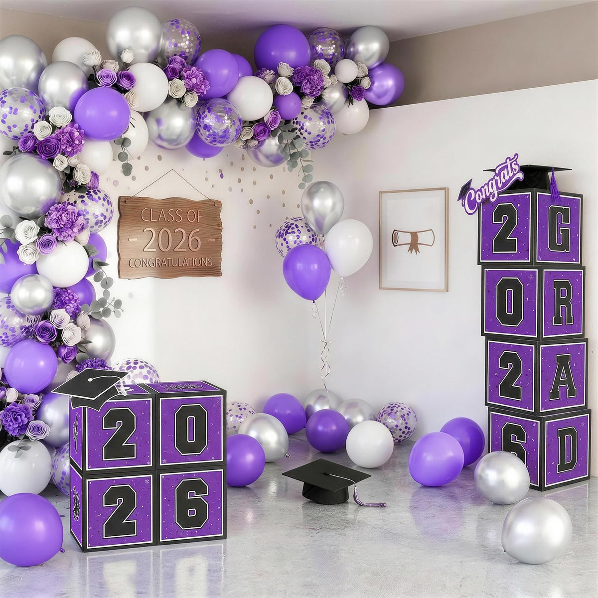 Froova purple ribbon tying the decor together for quick setup