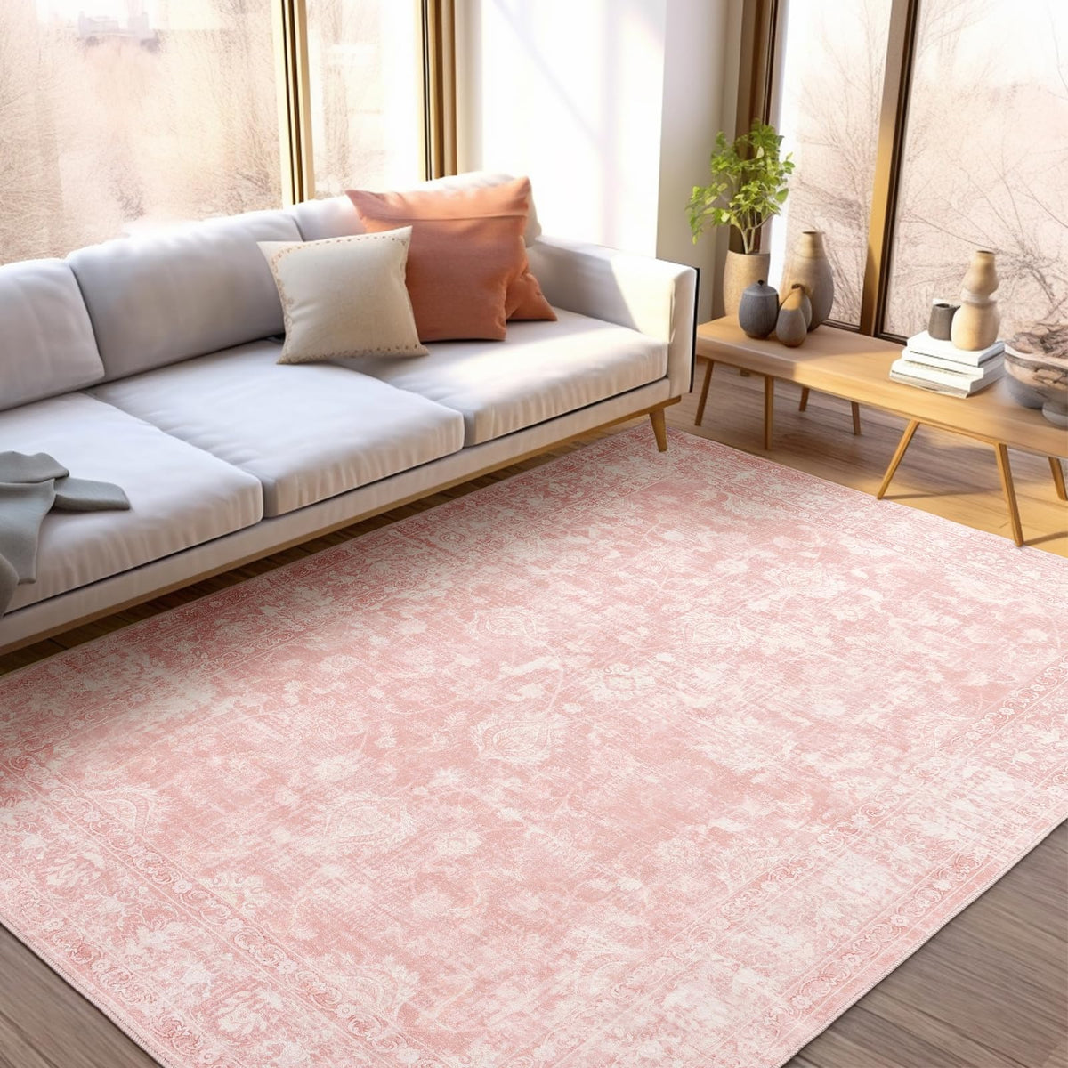 FROZZUR Boho Pink Area Rug 5x7 enhances living room with soft, inviting pink tones.