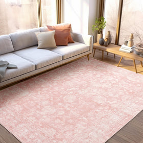 FROZZUR Boho Pink Area Rug 5x7 enhances living room with soft, inviting pink tones.