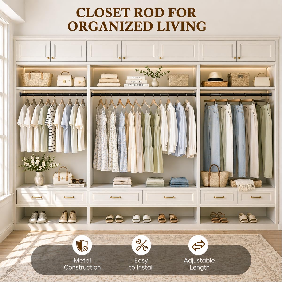 fruui heavy-duty closet rod supports up to 66 lbs for coats and garments.