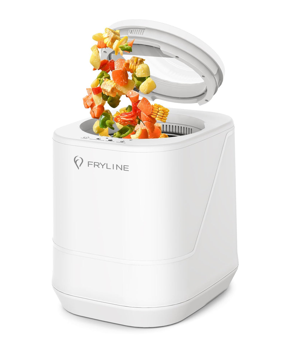 FRYLINE 4L electric composter on kitchen counter showing compact waste-saving setup