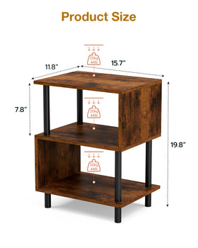 Frylr end table storage shelves keeps remotes and books organized within easy reach.