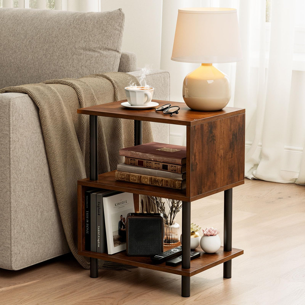 Frylr small side table silhouette enhances living room aesthetics with compact footprint and convenient surface.