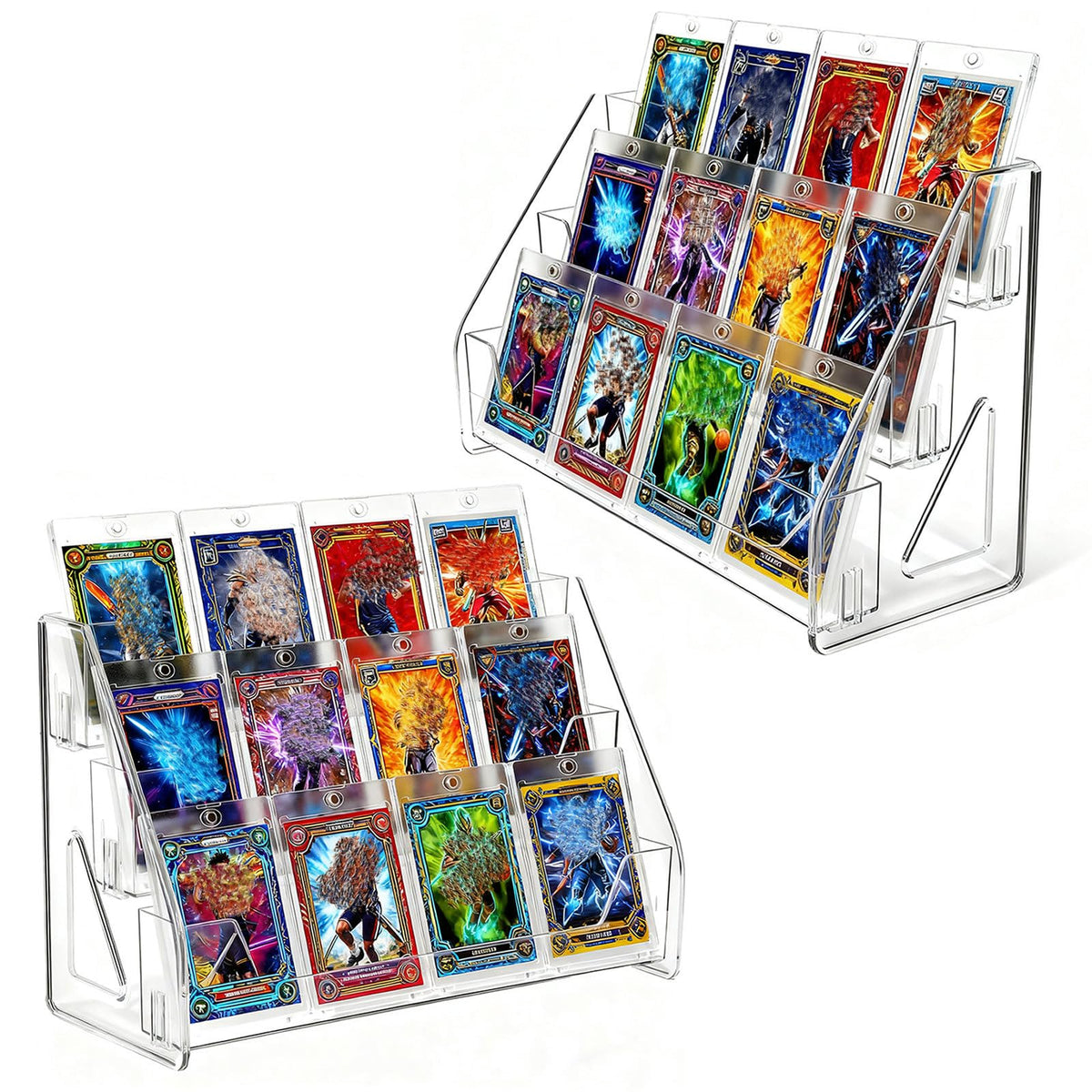 FTNA 2-pack 3-tier card display stand with clear vertical view for trading cards.