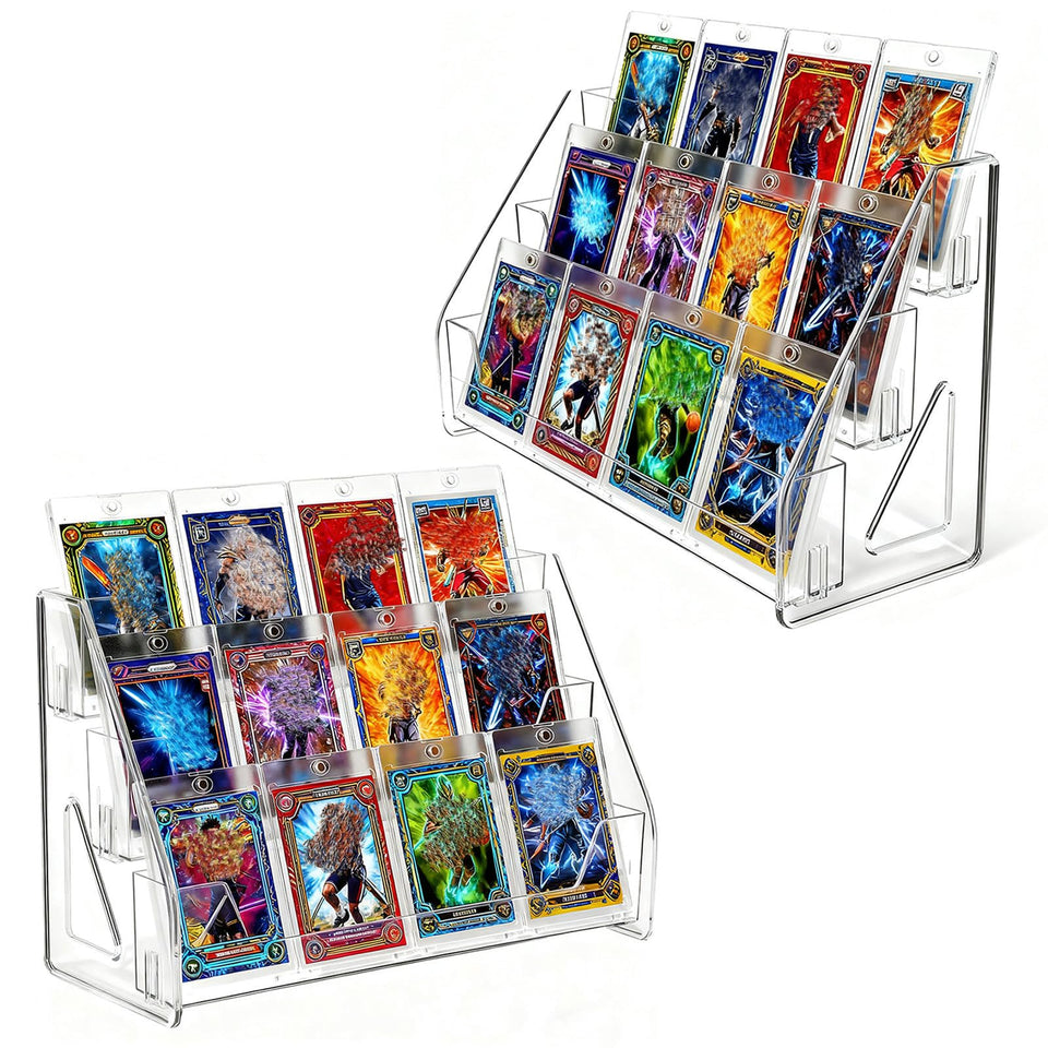 FTNA 2-pack 3-tier card display stand with clear vertical view for trading cards.