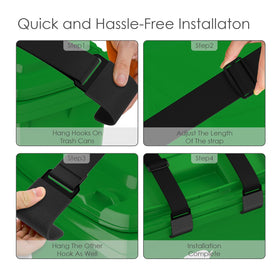 Adjustable strap extends to fit various 28-96 gallon bins.
