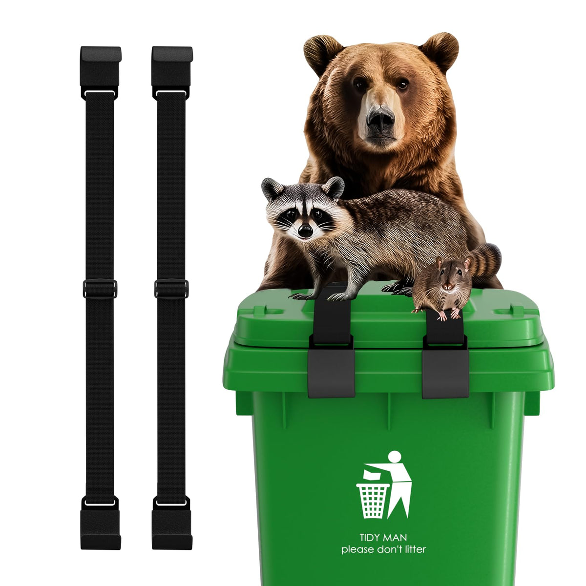 Ftzynqur raccoon-proof lock with double claws securing outdoor trash cans.