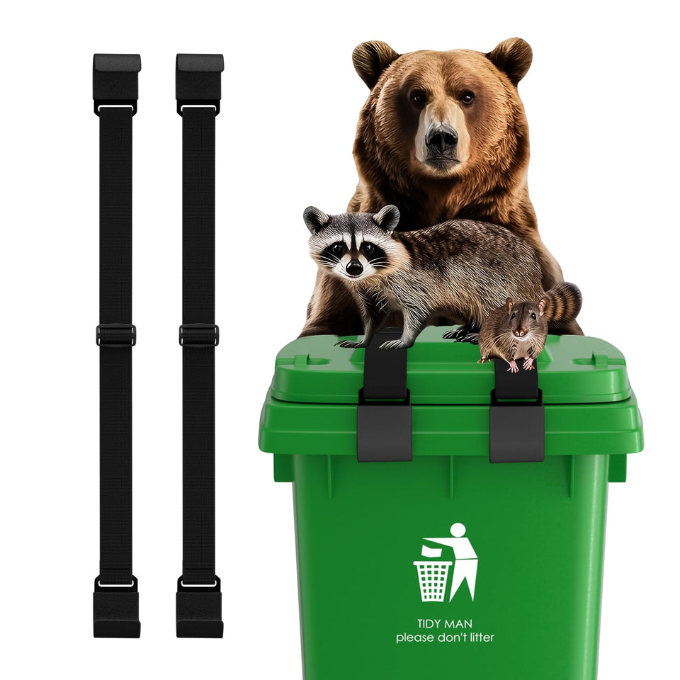 Ftzynqur raccoon-proof lock with double claws securing outdoor trash cans.