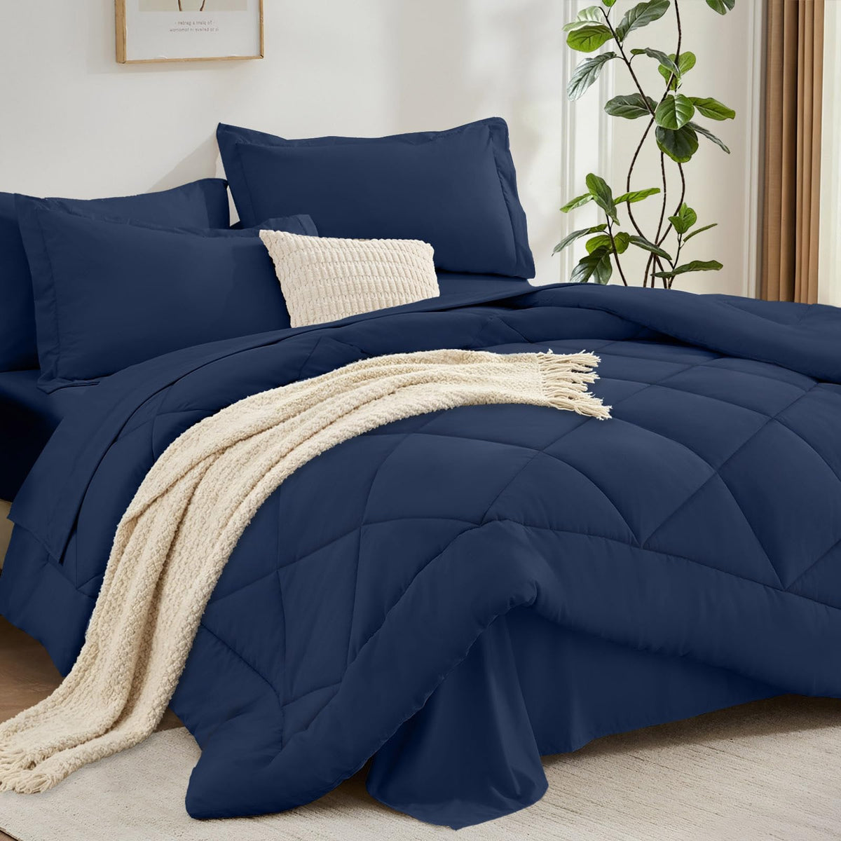 FUANNA 7-piece king-size comforter set on a bed highlighting all-season warmth