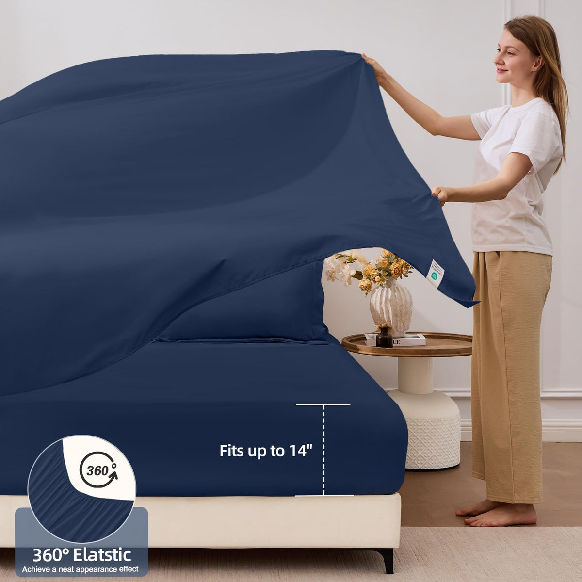 FUANNA fitted sheet with 14-inch pockets securing an extra-thick mattress