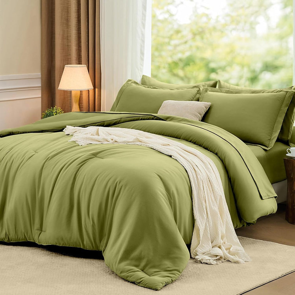 FUANNA Queen Comforter Set olive-green on bed for a cozy, coordinated bedroom look