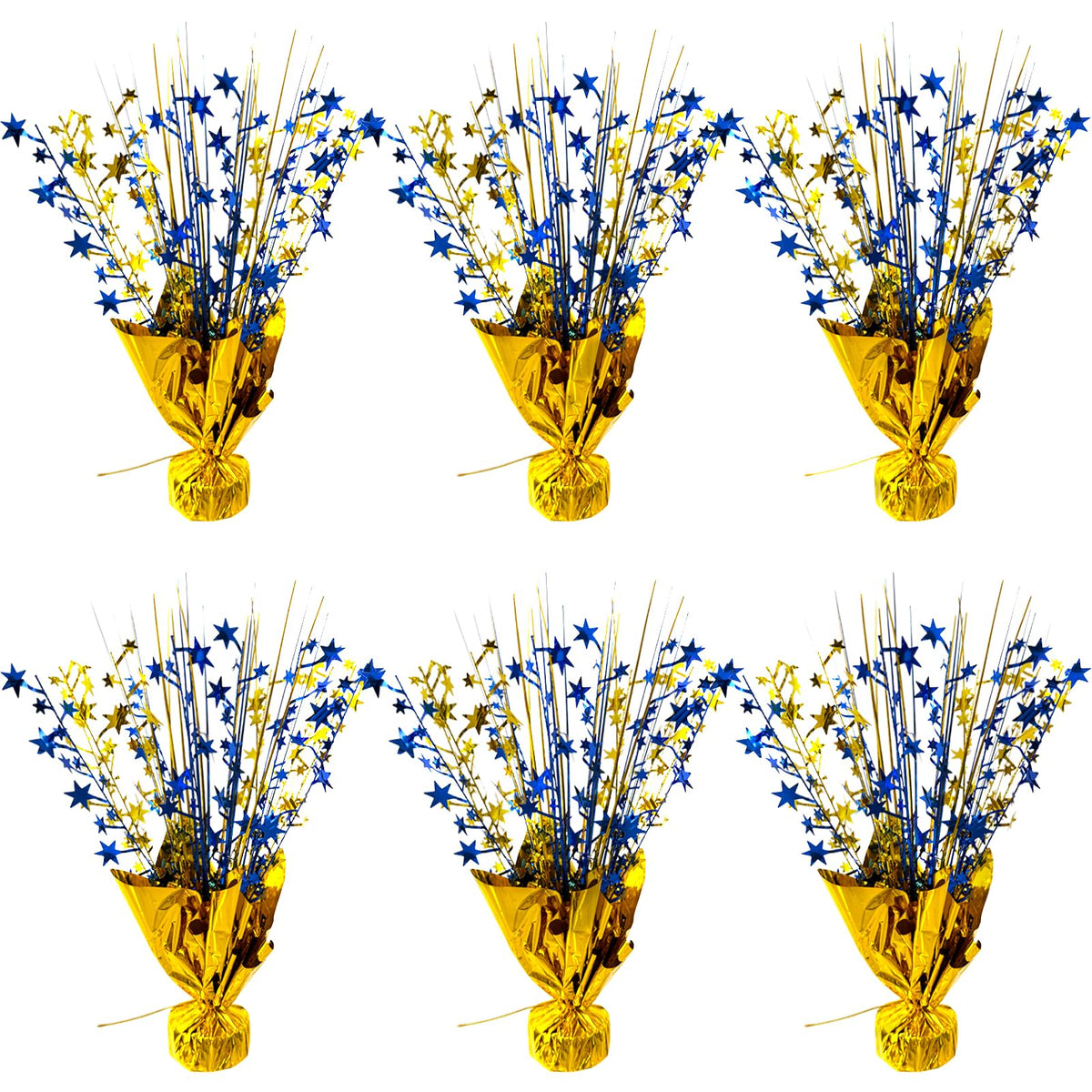 FUBININA star centerpiece in blue and gold enhances graduation table decor.