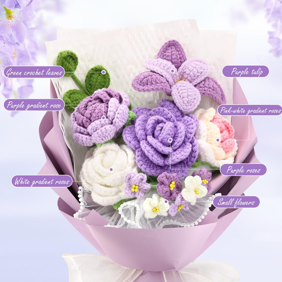 FUCAN crochet finished bouquet on table adds warm ambiance.