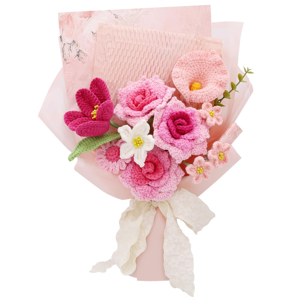 FUCAN crochet flowers finished bouquet in pink and red, a long-lasting keepsake for gifting.
