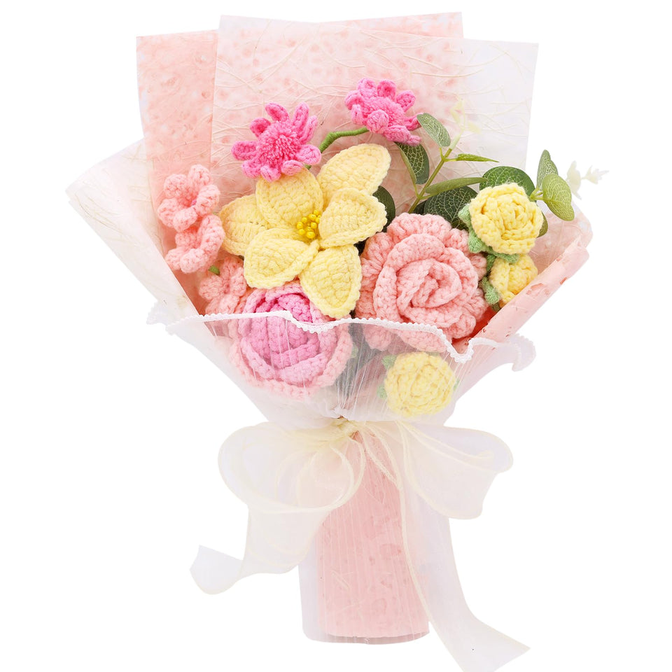 FUCAN crochet flowers finished bouquet in pink and yellow displayed as durable decor