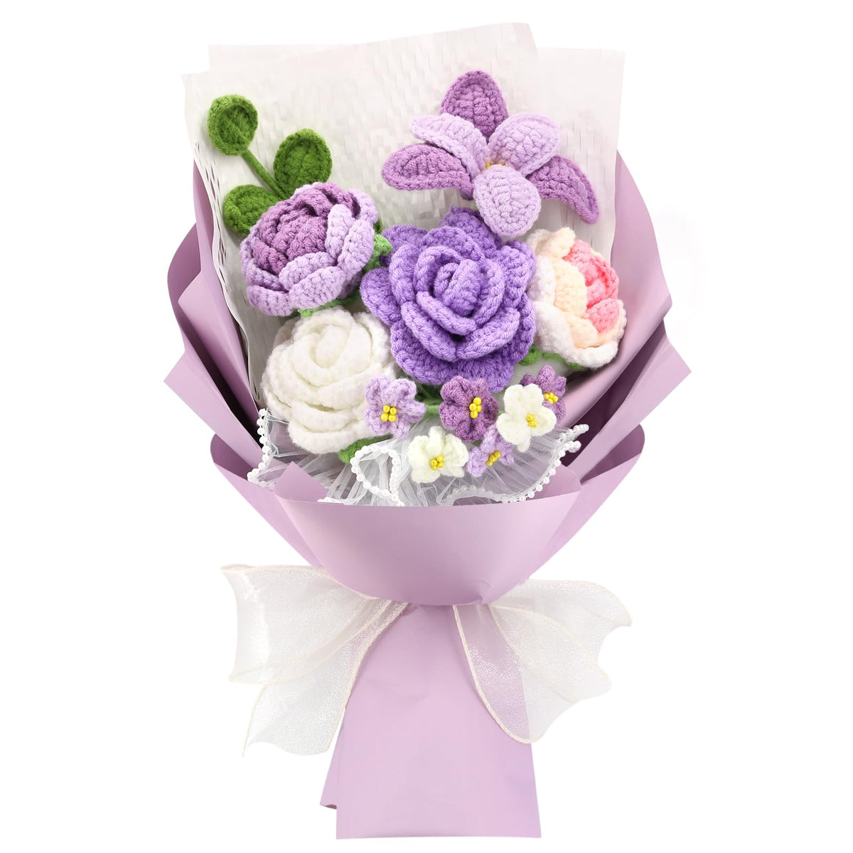 FUCAN crochet purple bouquet in a vase for lasting home decor.