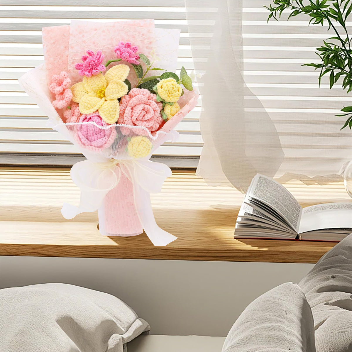 FUCAN crochet bouquet on dining table adds cozy tactile ambiance